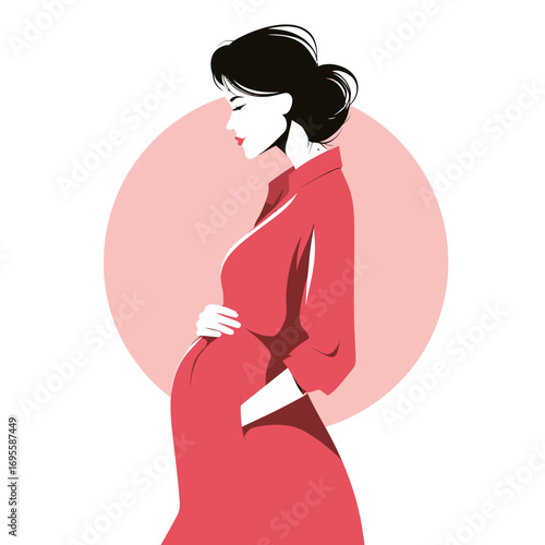 A stylish pregnant woman in a red dress lovingly cradles her baby bump while standing against a soft colored background. The illustration captures the essence of motherhood.