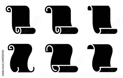 Collection of Six Black Scroll Icons on White Background