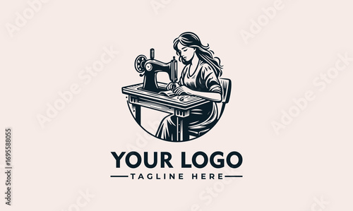 A vintage illustration of a woman sewing at a table with a classic sewing machine.