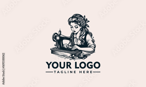 A woman with flowers in her hair is sewing at an antique sewing machine.