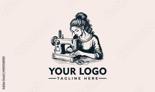 A vintage illustration of a woman sewing at a table with a classic sewing machine.