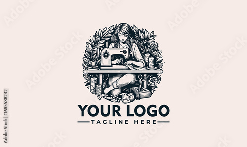 Detailed illustration of a woman sewing at a machine, surrounded by leaves and sewing tools, creating a vintage-style logo.