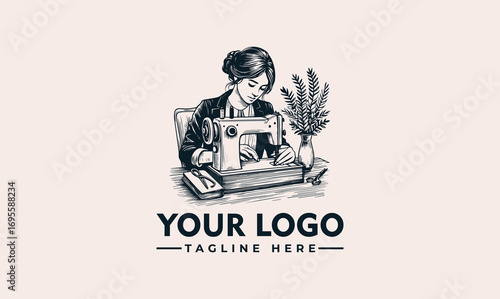 Illustration of a woman sewing at a vintage sewing machine, with a logo placeholder below.