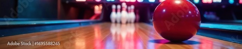 Close-up shot of a bowling ball rolling down a polished wooden lane, leaving a trail of pins in its wake The image captures the dynamic energy and precision of the sport , tournament, ball