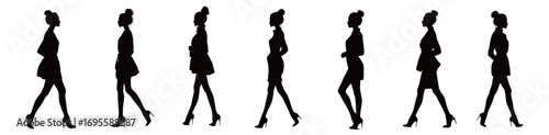 A series of stylish silhouettes depict a woman walking gracefully in a variety of fashionable poses, showcasing elegance and confidence.