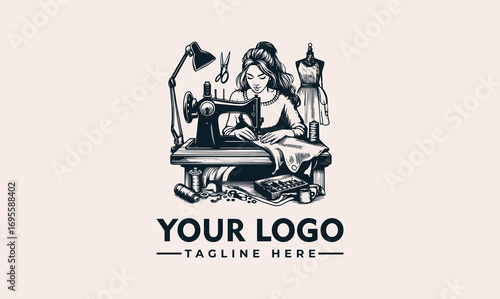 Illustration of a woman sewing at a vintage sewing machine, with a dress form and tools in the background.