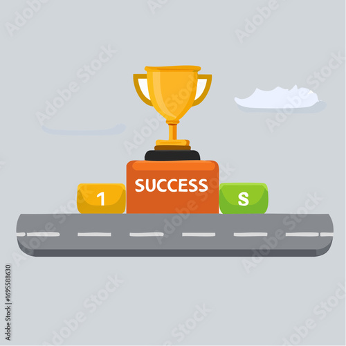 Golden trophy atop a success pedestal, symbolizing achievement and the journey to victory ahead