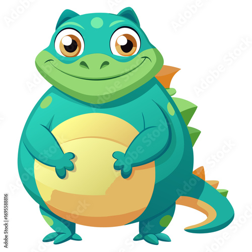 A vibrant 3D render of a cheerful, chubby Lizard cartoon character focusing on its stomach. 