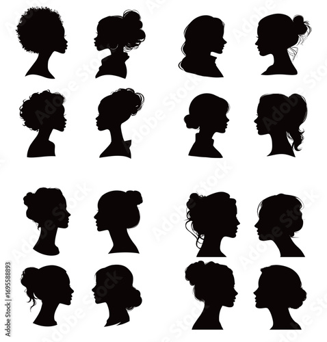 This artwork features an array of black silhouettes representing diverse female hairstyles, each capturing different styles and forms, highlighting beauty and individuality.