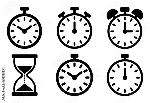 Collection of Timekeeping Icons: Stopwatches, Alarm Clock, and Hourglass
