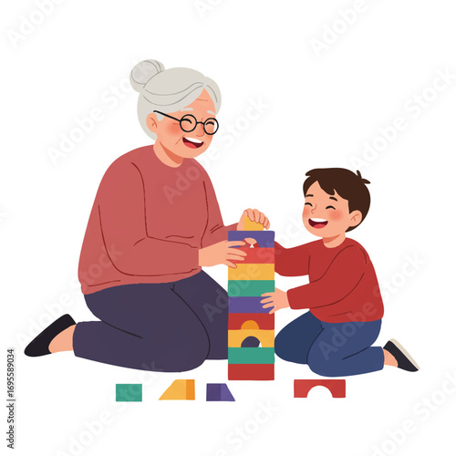 Joyful grandmother and young grandchild are happily playing together on the floor, building a colorful block tower in a vibrant 2D flat vector illustration with clean outlines and a white background.
