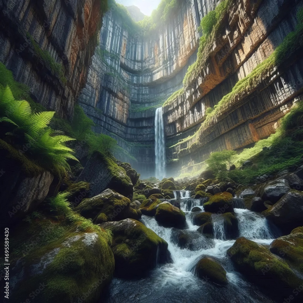 Fototapeta premium Wide Angle View of Craggy Cliffs and Sheer Rock Waterfall with F