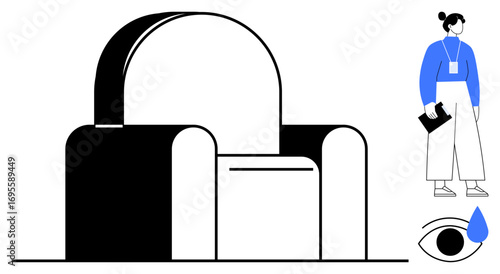 Unique armchair with bold shapes alongside a casually dressed figure holding a book and an abstract eye with a tear. Ideal for furniture design, emotions, interior art, modern life, creativity