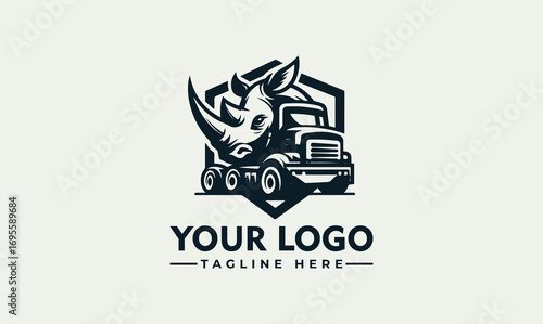 A stylized logo featuring a rhinoceros and a dump truck, presented in a circular design.
