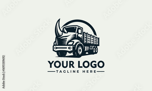 A logo design featuring a dump truck with a rhinoceros head, combining animal and industrial elements.