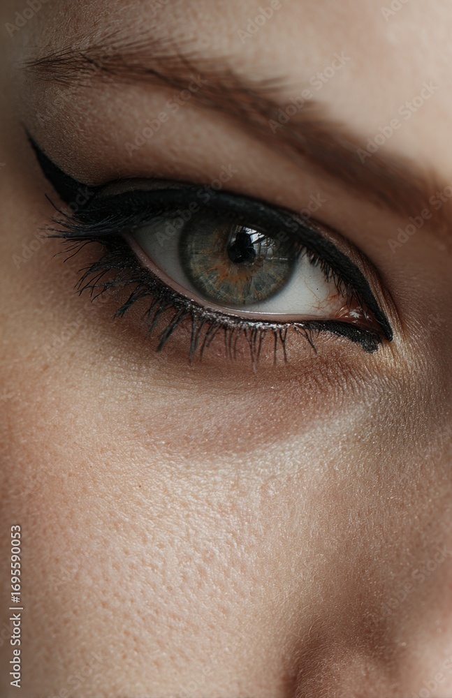 Obraz premium Close-up of green eye with winged eyeliner makeup