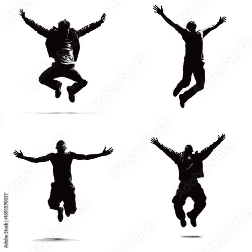 Four dynamic silhouettes depict individuals jumping in unique poses.