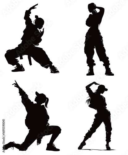 Four dynamic silhouettes exhibit impressive dance poses in urban attire against a sunset backdrop, reflecting energy and creativity in movement.