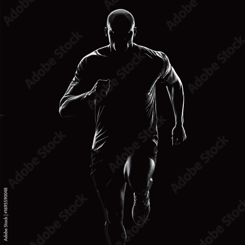 A determined athlete is sprinting with intense focus and speed, showcasing athleticism and strength in a high-contrast setting. The background creates an impactful visual.
