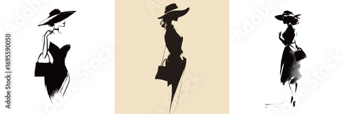 Three fashion silhouettes depict stylish women wearing large hats and carrying bags, highlighting elegance and grace through simple lines and stark contrasts.
