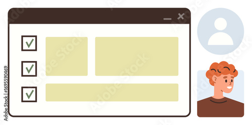Task interface with checkboxes, list items, profile placeholder, user portrait. Ideal for productivity, organization, teamwork, task tracking user interface workspace tools. Clear simple flat