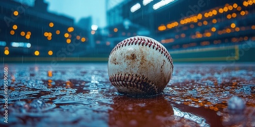 A baseball sits on a wet field under the lights during a rain shower.
