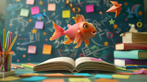 cute 3d cartoon fish jumping out of an open books