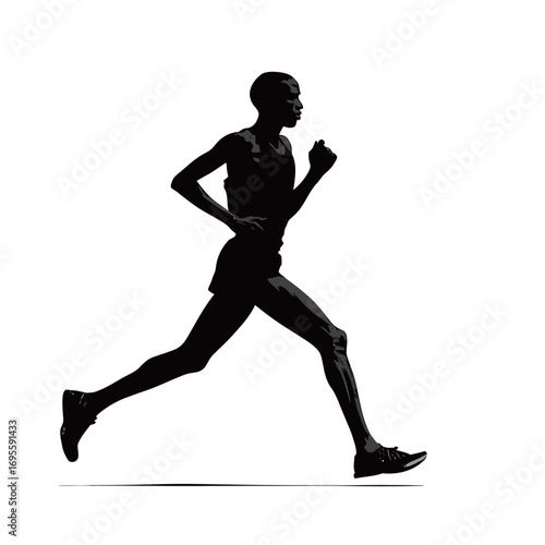 A runner is captured mid-stride, demonstrating athleticism and focus. The backdrop highlights their dynamic movement and dedication in a sporting context.