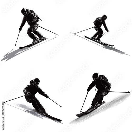 Skiers demonstrate various techniques in a snowy landscape, showcasing skillful movements and balance on skis. The action captures the thrill of winter sports.