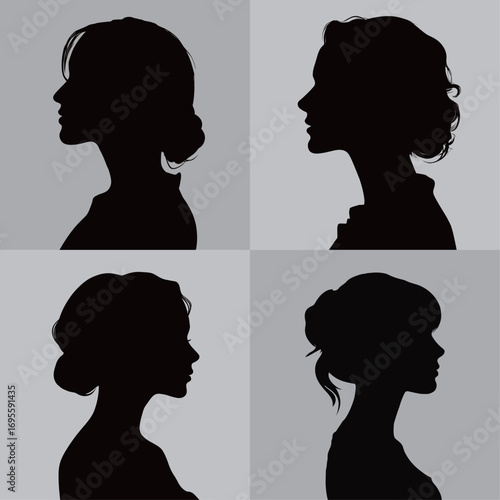 Four elegant silhouettes of women highlight different hairstyles and profiles against a simple backdrop, emphasizing individuality and style in art.