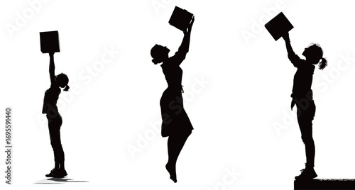 Three women in silhouette are lifting boxes overhead, showcasing strength and determination. The bright background highlights their efforts in a dynamic scene.