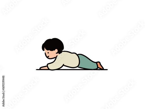 A young child enjoys a playful moment while practicing a plank exercise on the floor. The cheerful environment adds to the fun atmosphere of the activity.