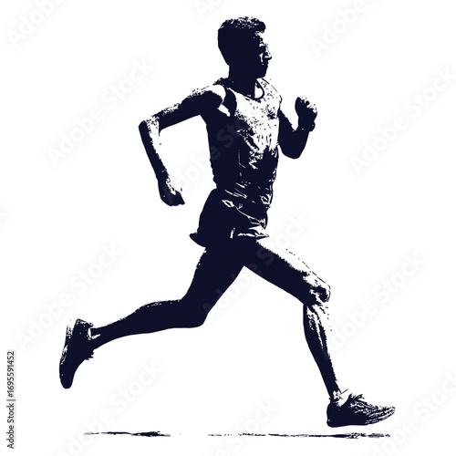 A male runner makes a powerful stride while competing on a track during a sunny day. The athlete showcases determination and speed in this energetic moment.