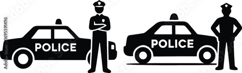 Police car silhouettes with officers standing guard bundle set for law enforcement themes silhouette
