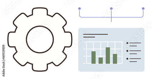 Gear beside a bar chart analytics dashboard. Thin connecting lines symbolize linking systems. Ideal for workflow, analytics, process improvement, technology, optimization, data systems
