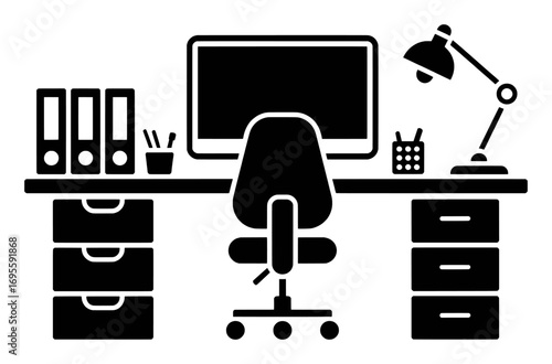 Minimalist black and white illustration of a modern office desk setup
