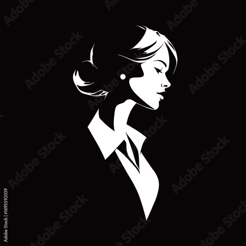 A minimalist design highlights the profile of a woman with an elegant hairstyle and attire. The black background emphasizes her graceful features and poise.