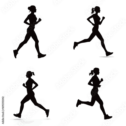 Silhouettes depict a woman running at different angles, emphasizing her athletic form and fluid motion. Each pose highlights the power and energy of running.