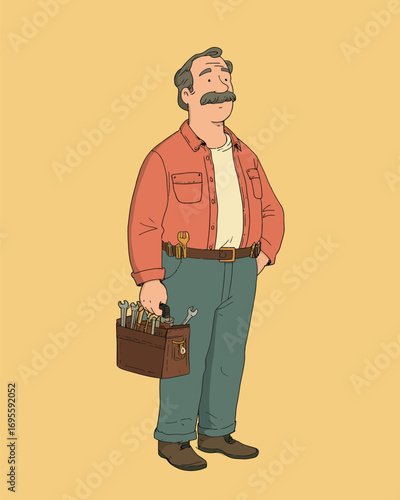 A confident tradesman stands proudly with a toolbox full of tools. He wears a casual outfit with an orange shirt and blue pants, showcasing his readiness for the job.
