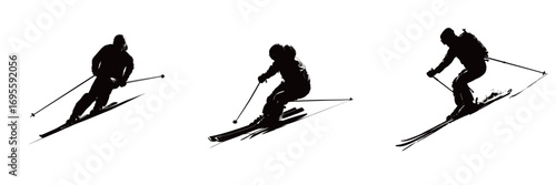 Skiers are gracefully maneuvering down a snowy slope, showcasing their skills with precise turns and pole usage during winter activities.