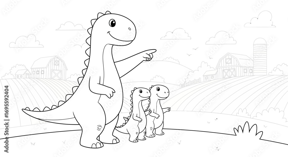 Obraz premium A friendly dinosaur family outing on a farm coloring page with rural landscape view