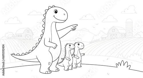 A friendly dinosaur family outing on a farm coloring page with rural landscape view