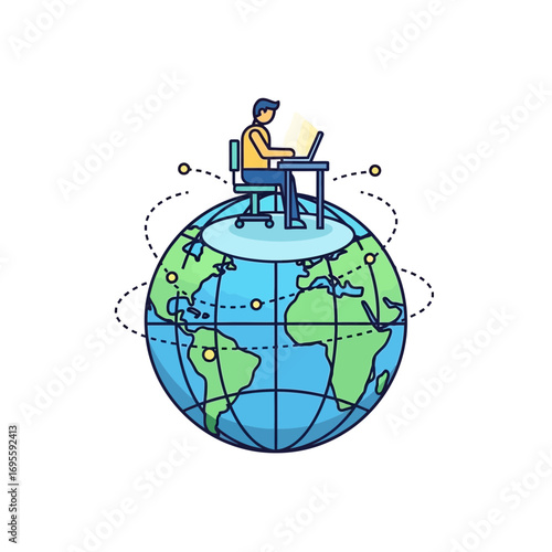 vector illustration flat A remote worker sits at a desk on top of a globe using a laptop.
