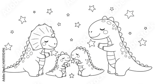 Adorable dinosaur family illustration with charming designs and playful star accents in black and
