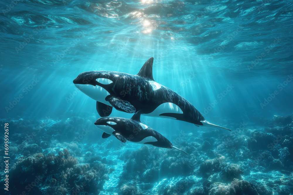 Obraz premium Graceful Orcas Swimming Together in Clear Blue Ocean Waters with Sunlight Streaming Down