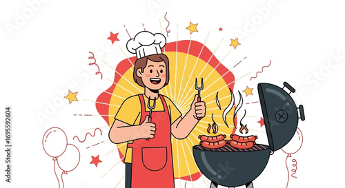 Cartoon Chef Grilling Sausages at a Festive Cookout with Balloons and Star Decorations