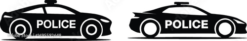 Set of two police car silhouettes with lights and "police" text for law enforcement themes silhouette