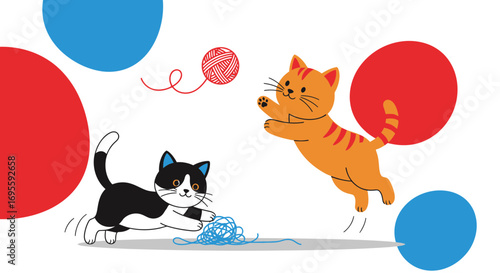 Cartoon illustration featuring playful cats and yarn balls for children's designs