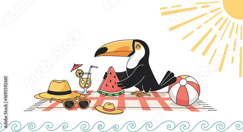 Cartoon Toucan enjoying a summer picnic with watermelon and beach ball illustration