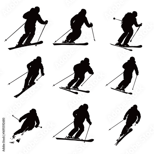 Nine silhouettes of skiers demonstrating various skiing techniques on snow-covered terrain. The scene captures the essence of winter sports and recreation.